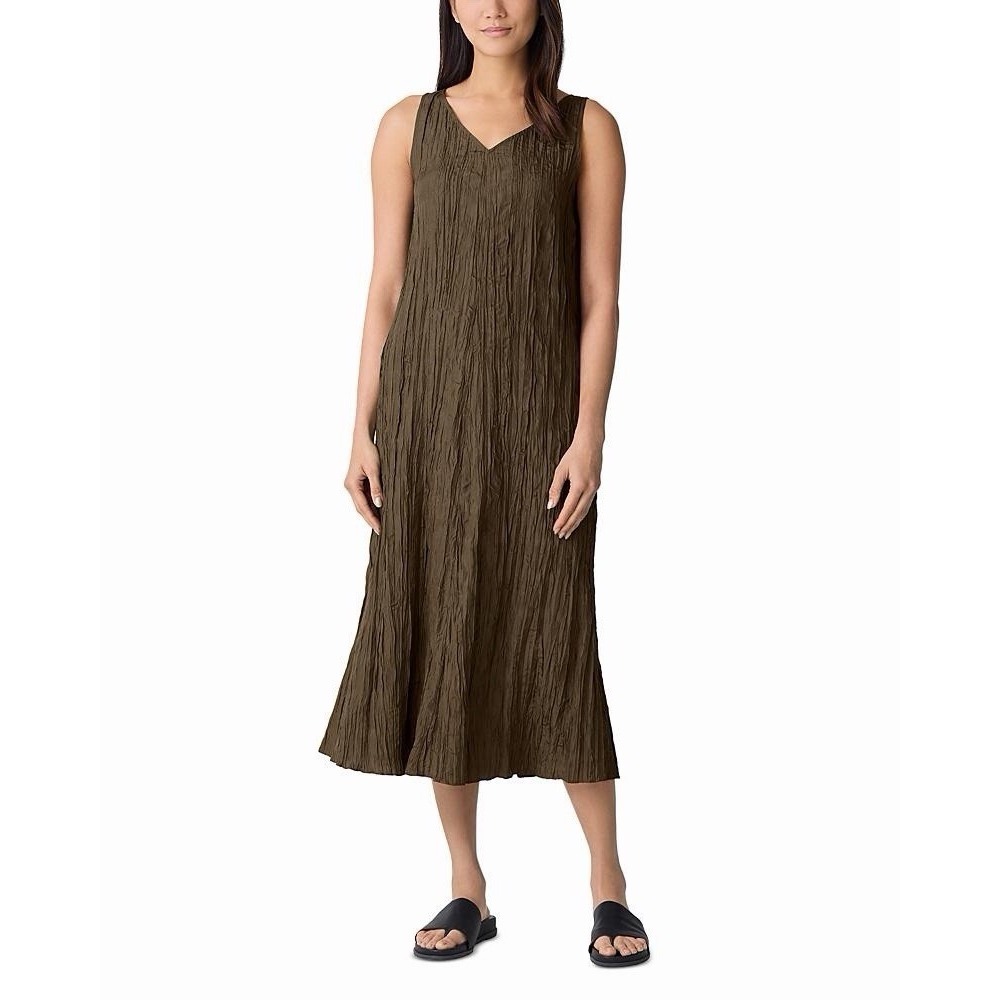 Eileen Fisher Crushed Silk Tiered Dress Women's Sz L in Green Olive